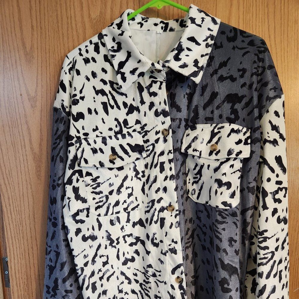 Faux Leopard Print Shirt LARGE Black & White & Charcoal  Micro Suede NEW